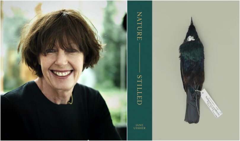 Portrait shot of photographer Jane Ussher and the cover of her book Nature – Stilled