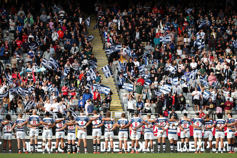 Auckland sing the national anthem with the crowd during the Mitre 10 Cup Final between Auckland