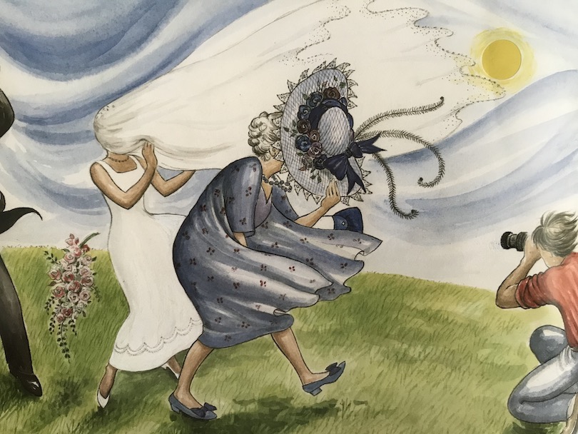 Illustration: at a wedding, on a windy day, a woman clutches her hat