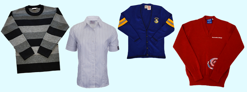 Four school uniform shirts on a blue background
