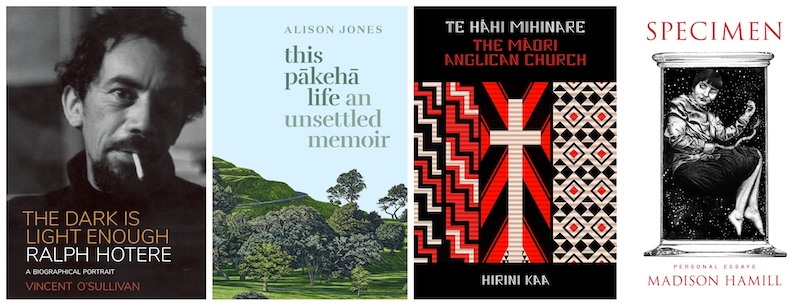 Four book covers: Only the dark is light enough, This Pākehā Life, Te Hāhi Mihinare The Māori Anglican Church, Specimen.