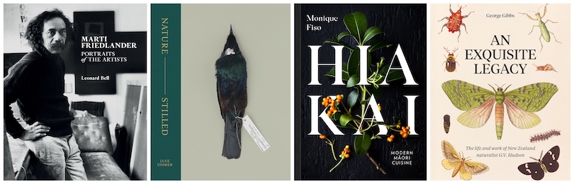 Four book covers: Marti Friedlander, Nature – Stilled, Hiakai and An Exquisite Legacy
