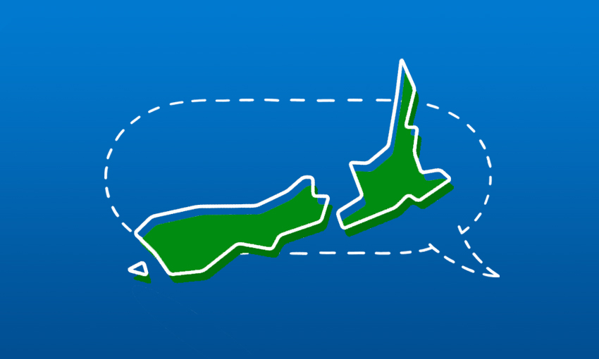 an illustrated and stylised map of aotearoa new zealand, overlaid on a dotted-line speech bubble on a solid blue background