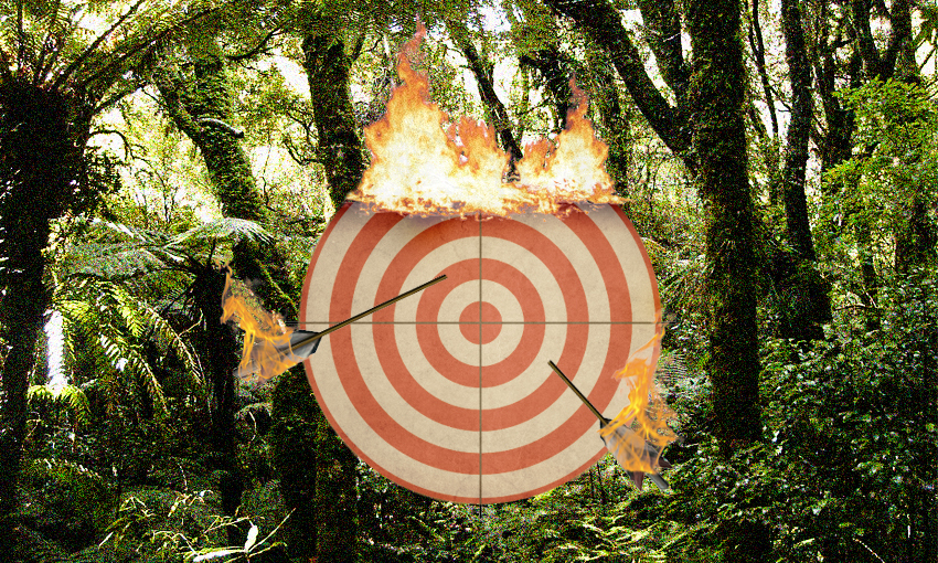 a target on fire against native forest