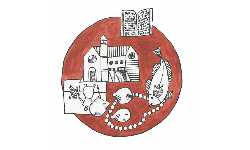 An illustration with various sketches in black and white pen over the top of a rust-red disc.