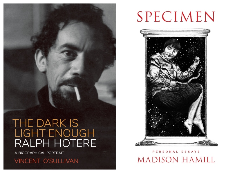 Ralph Hotere stares out from the cover of his biography, The Dark is Light Enough. And Madison Hamill's essay collection Specimen features a girl suspended in a specimen jar.