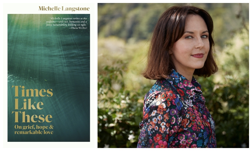 Book cover of Times Like These, and head and shoulder portrait of Michelle Langstone in a beautiful floral shirt.