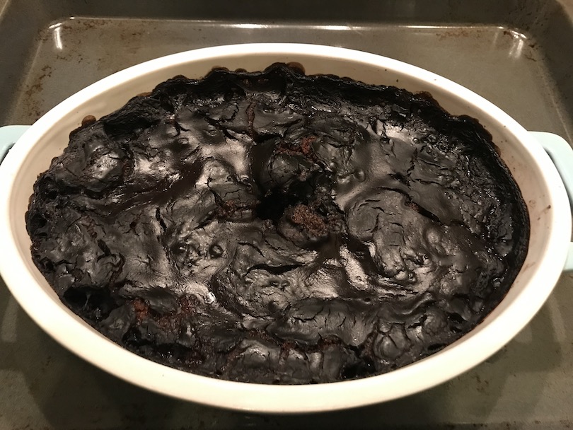 A chocolate pudding, seen from above