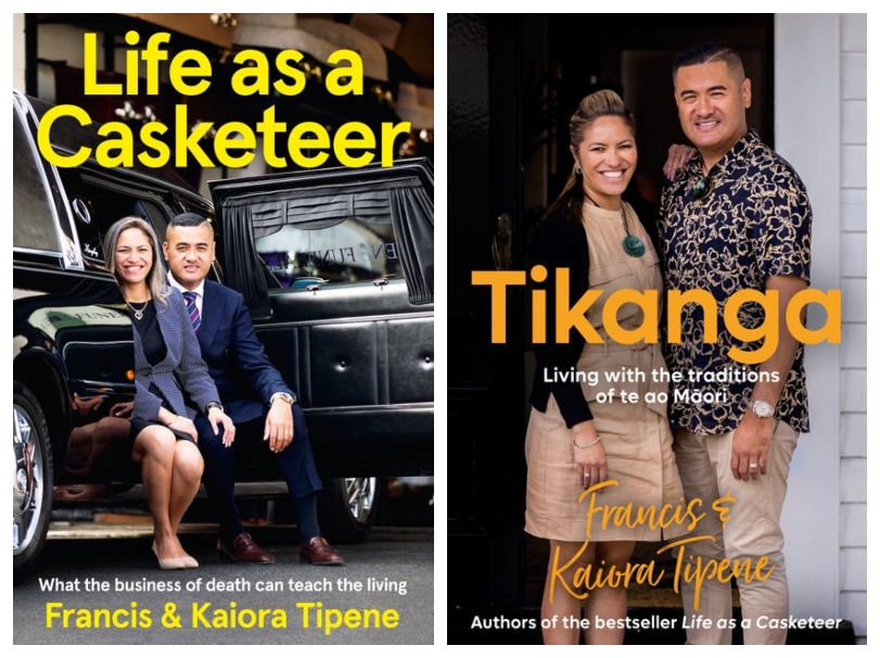 Two book covers, each featuring photos of authors Francis and Kaiora Tipene, smiling.