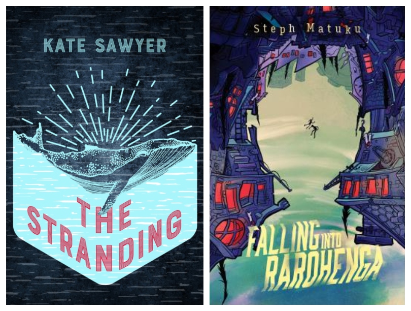 Two book covers, one an illustration of a whale with a radiant sunset behind it; the other an illustration of two figures falling down through a chasm of sky.