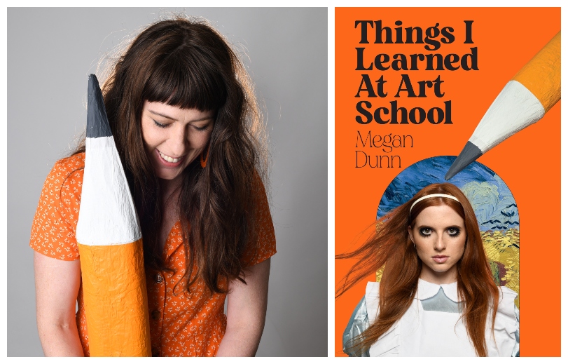 Photograph of woman laughing, looking down, holding giant pencil; book cover showing her as Alice through the Looking Glass, also feat a giant pencil.