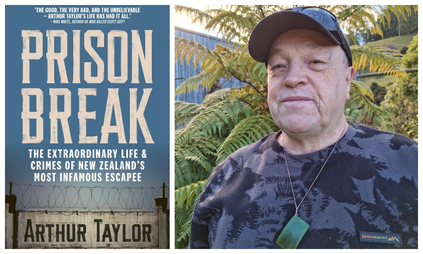 Cover of the book Prison Break, with a head and shoulders selfie of a middle-aged man wearing a camo t shirt and cap, and pounamu.