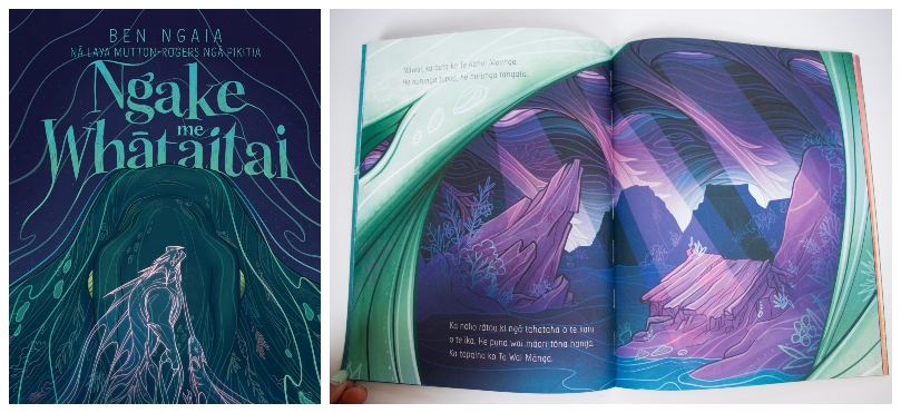 Cover and spread from a picture book. The language is te reo Māori, the colour palette is pāua, and art shows a rocky shore, big waves, a whare, and light beaming down from above.