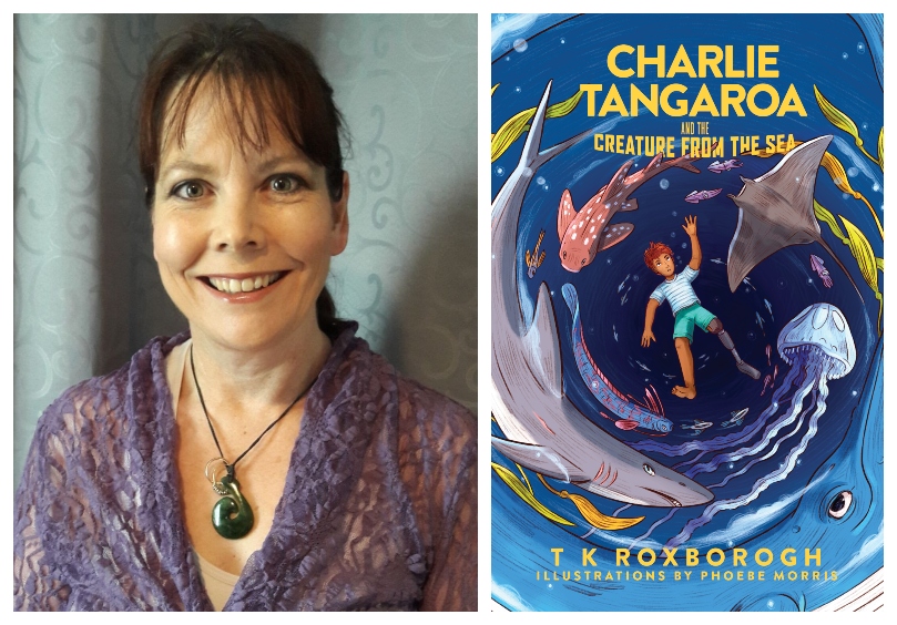 Photograph of a middle-aged woman, hair up, smiling intensely; cover of a chapter book showing a boy in a whirlpool of sea creatures