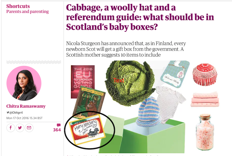 A screenshot from The Guardian showing an array of items that would go in a Scots "baby box" including the Hairy Maclary books