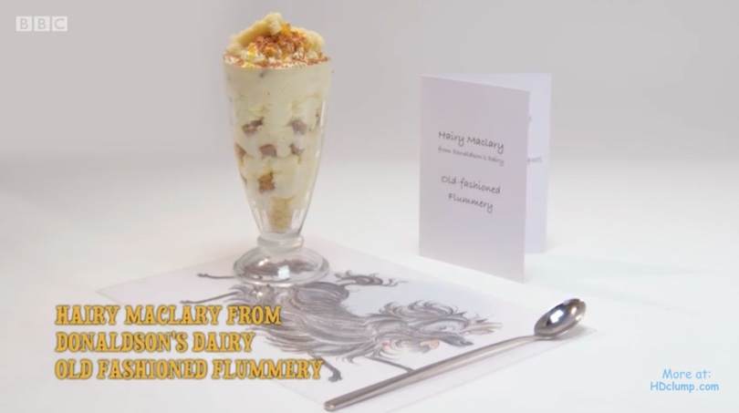 A sundae and spoon, with the words Hairy Maclary from Donaldson's Dairy Old Fashioned Flummery