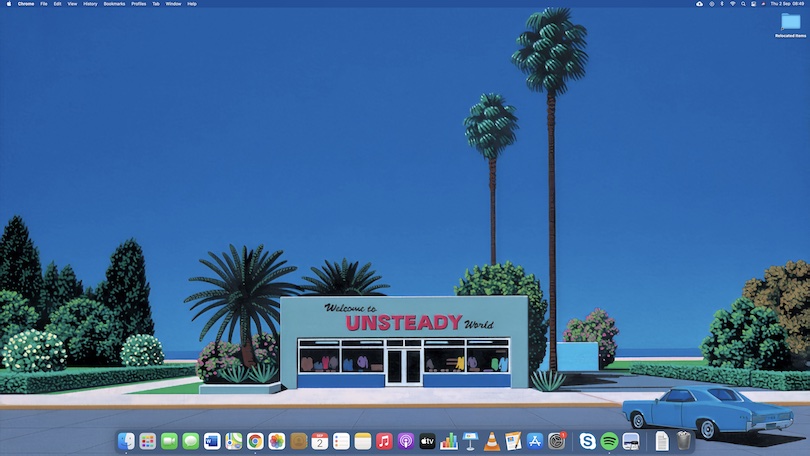 Full screen shot showing the painting Unsteady World, by Hiroshi Nagai, as wallpaper