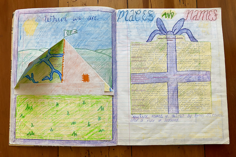 A spread of an old workbook, showing beautifully colored projects on Fiordland, including a puppy tent with opening flaps.