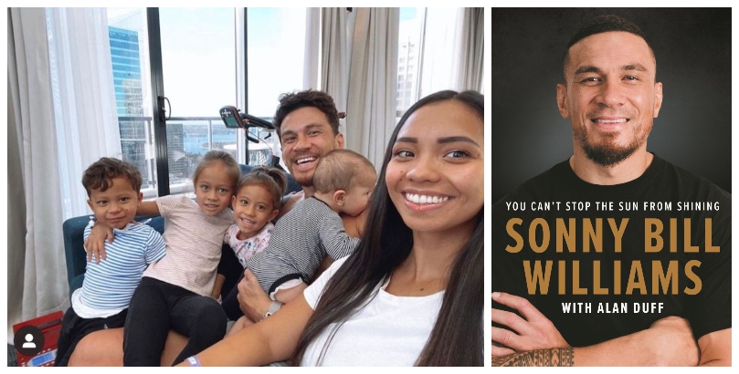 Absolutely radiant young family with four young kids, crammed onto a couch, selfie taken by woman at right of frame.