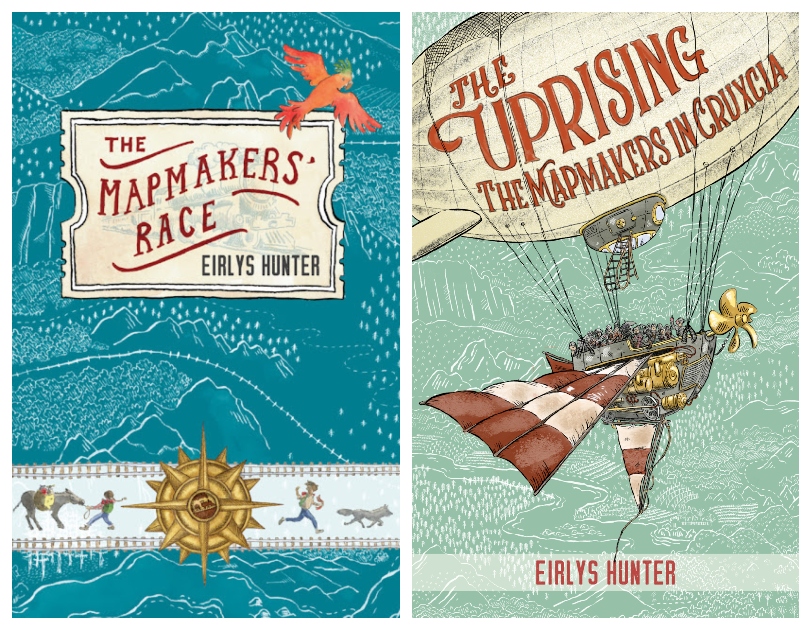 Covers of two books, both in tones of blue and turquoise, steampunky, one featuring an airship and the other a compass