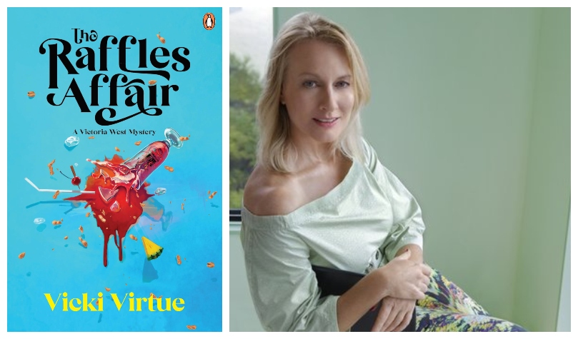 Couverture bleu vif de The Raffles Affair, avec l'illustration d'un cocktail brisé, du liquide rouge partout.  Photo de l'auteur Vicki Virtue, dans un haut vert clair à épaules dénudées.